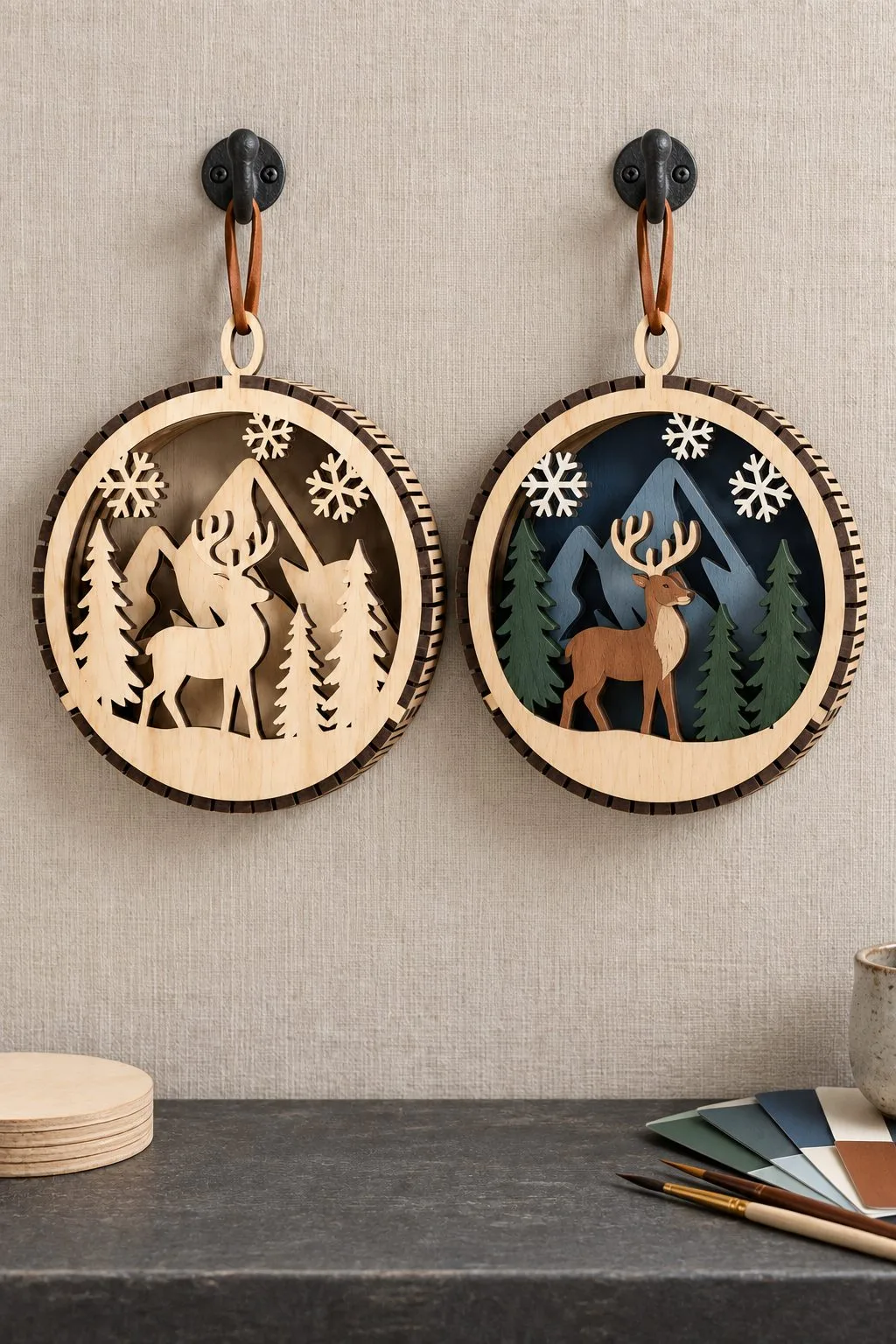 The deer ornament shown as plain wood and finished, side by side, free laser cut SVG from svgdiy.com