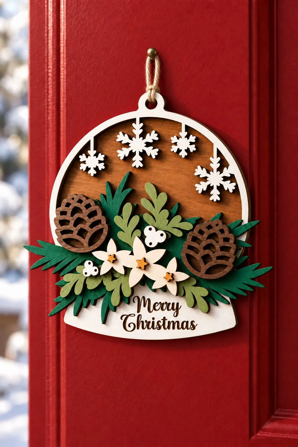 Snowflake and Pinecone Merry Christmas Ornament — SVG laser cut file