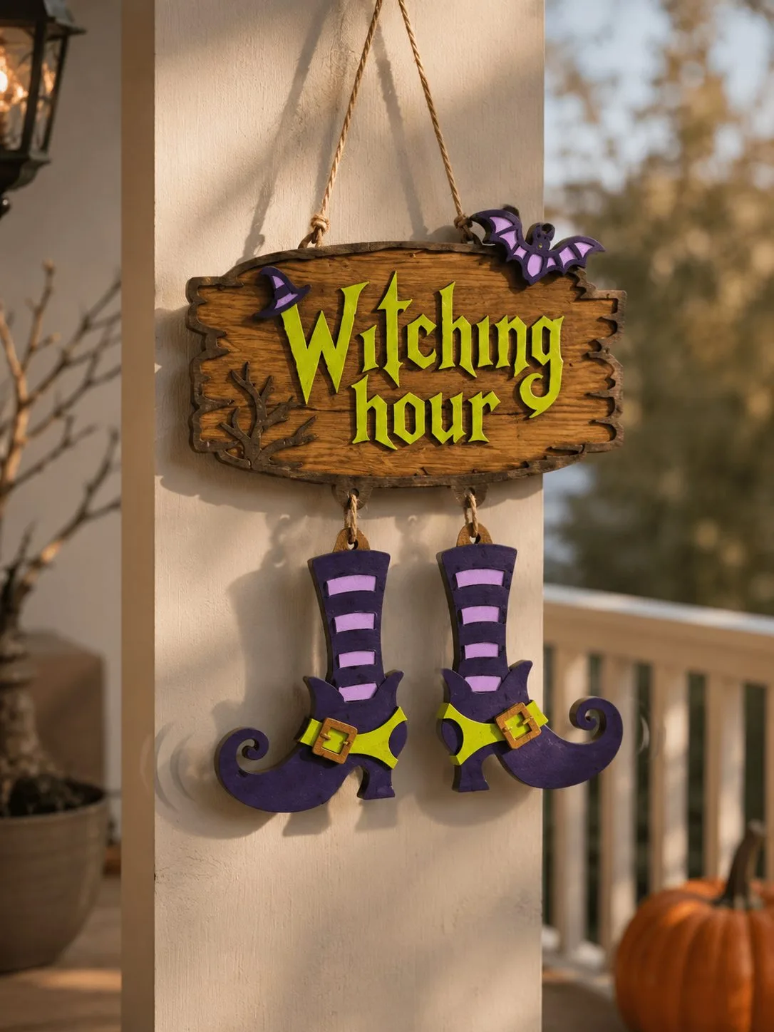 Layered witch decor with a witch hat stand and boots, spooky season laser cut SVG from svgdiy.com