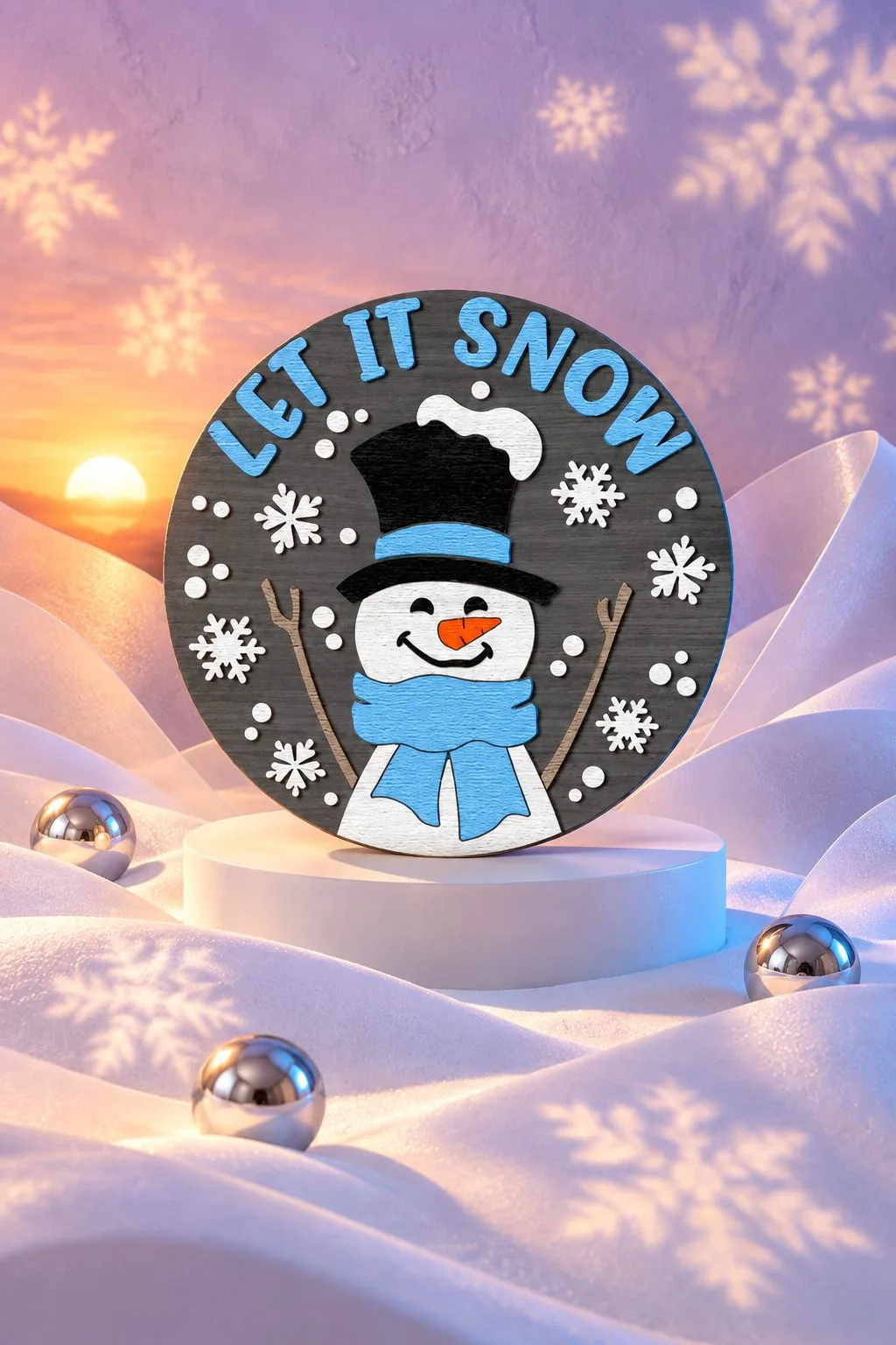 The same Let It Snow snowman round standing in soft snow at sunset, free laser cut SVG from svgdiy.com