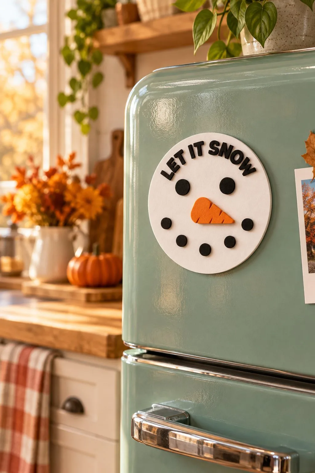 The same Let It Snow snowman face used as a magnet on a retro mint fridge, free laser cut SVG from svgdiy.com