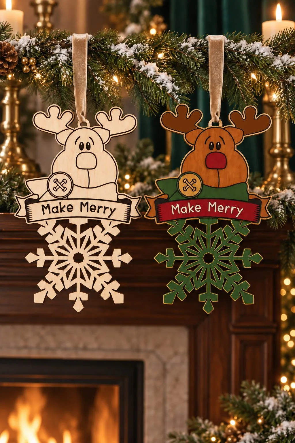 Two Make Merry reindeer snowflake ornaments, one natural plywood and one colored, hanging on velvet ribbons from a fir garland above a fireplace, free download link at svgdiy.com