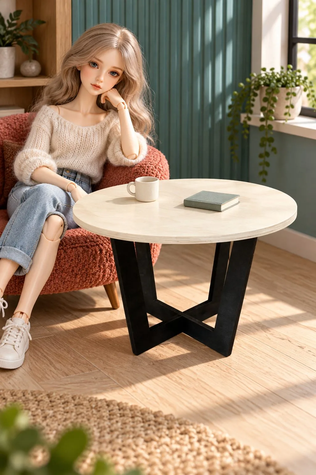 The miniature round table next to a large ball-jointed doll sitting in an armchair, free laser cut SVG from svgdiy.com