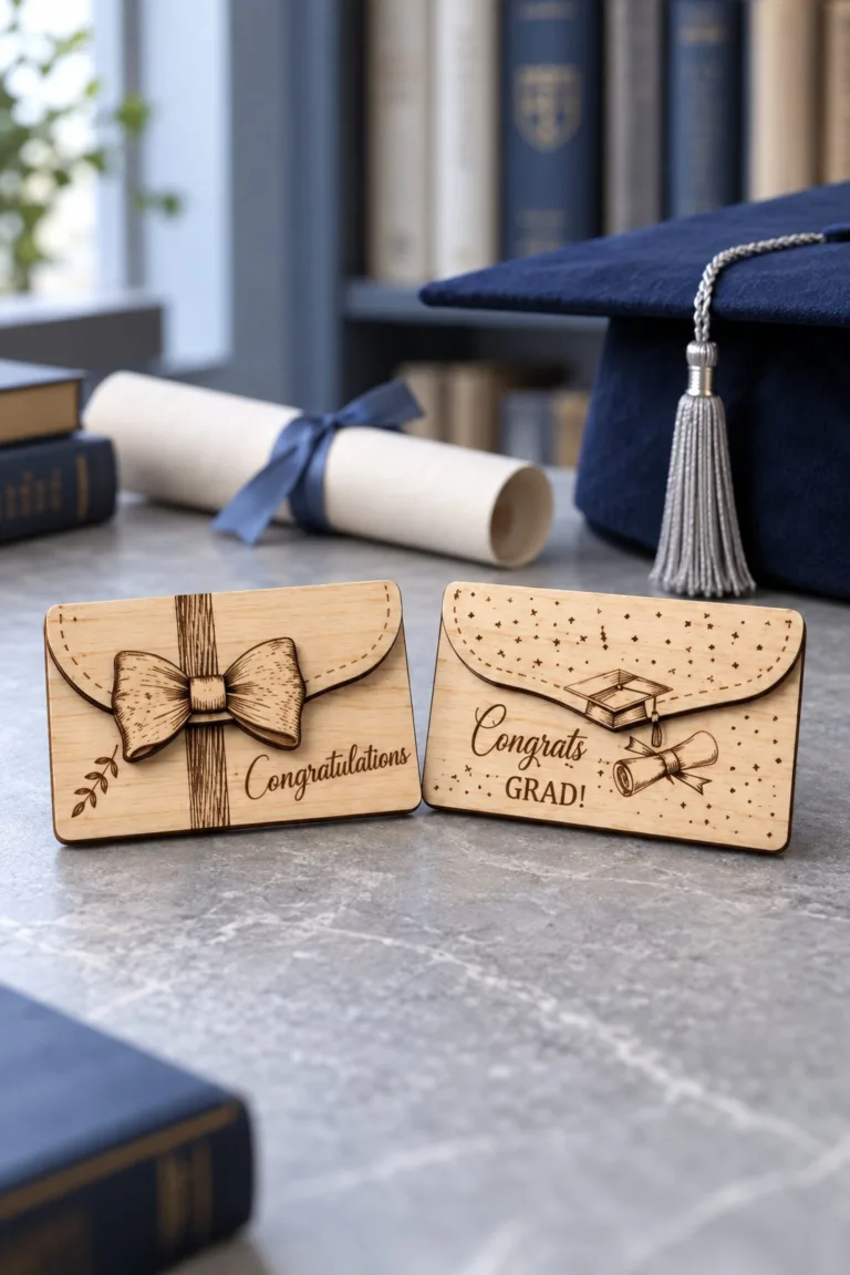 Two laser cut wooden money envelopes, Congratulations and Congrats Grad, beside a diploma and a graduation cap, free laser cut SVG from svgdiy.com