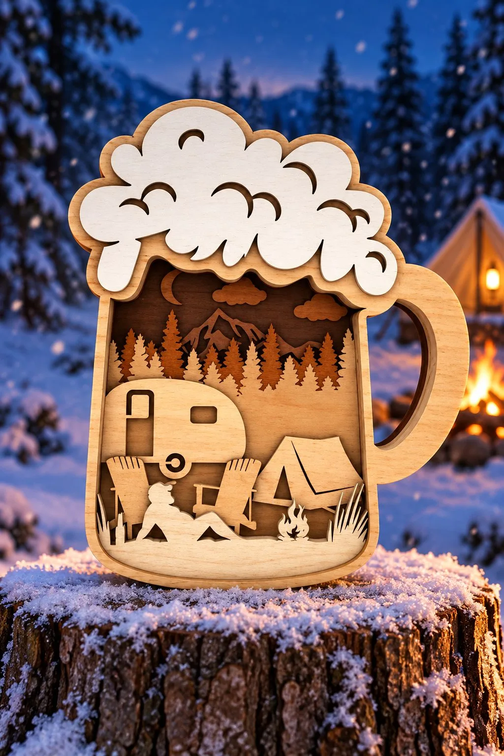 Multilayer Camping Scene Beer Mug — SVG laser cut file