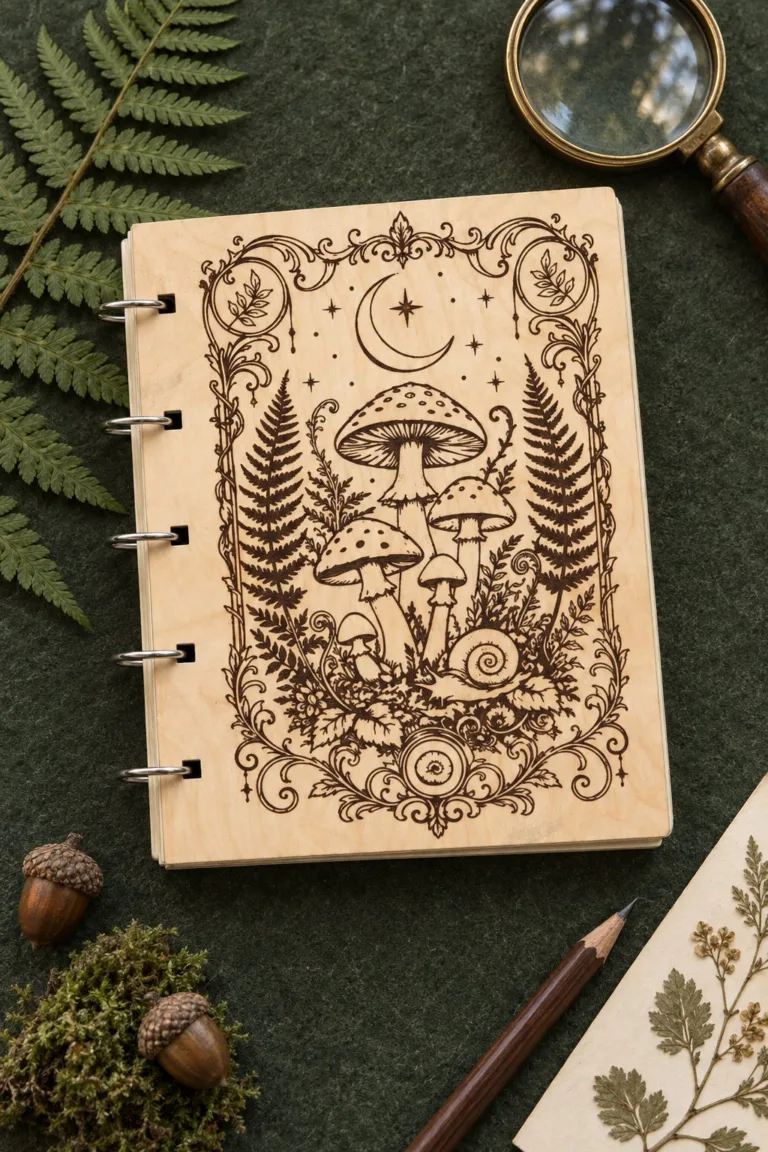 A wooden notebook cover engraved with mushrooms, ferns, a snail and a crescent moon, free laser cut SVG from svgdiy.com