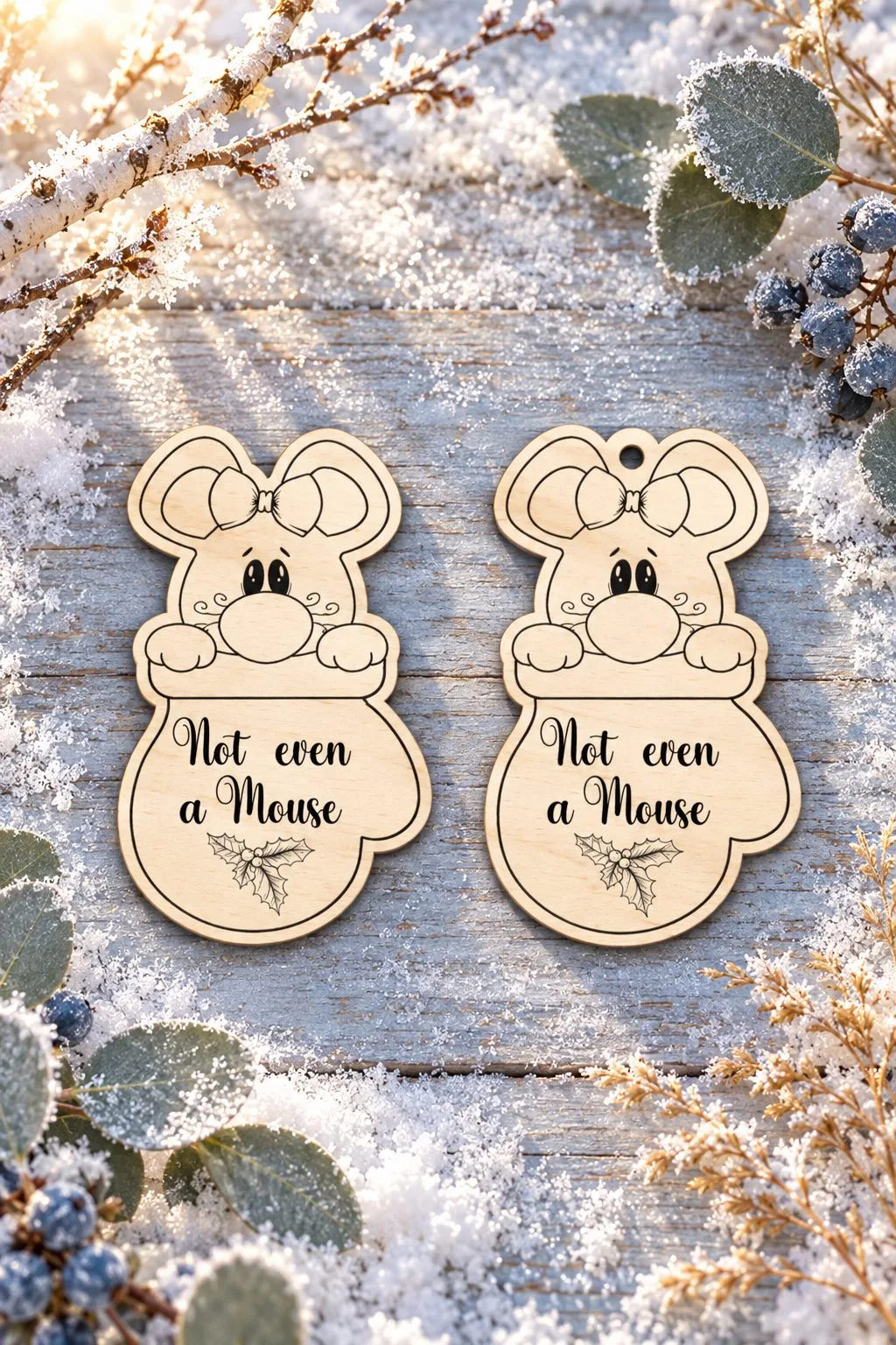 The same mouse and mitten ornaments in plain engraved wood, free laser cut SVG from svgdiy.com