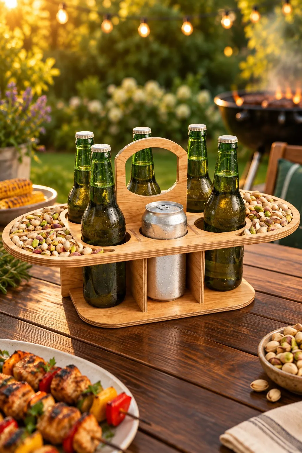 Laser cut oval beer caddy with a handle, holes for green bottles and a can, and two side trays full of pistachios on a barbecue table, free download link at svgdiy.com