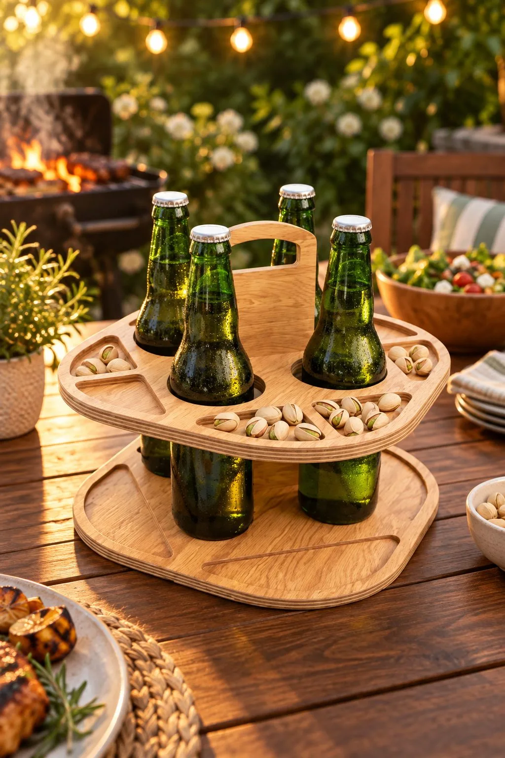Laser cut two level round beer and snack holder with bottles in the middle and nut compartments around, on an outdoor table with grilled food, free download link at svgdiy.com