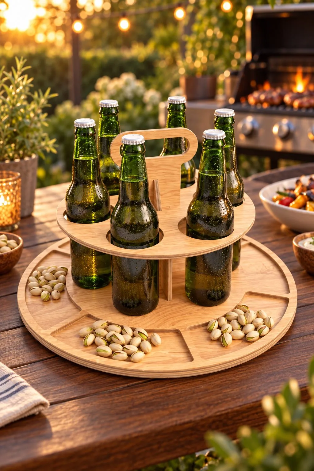 Laser cut round picnic beer butler with a handle, six green bottles and a divided snack tray below, on a garden table by a grill, free download link at svgdiy.com