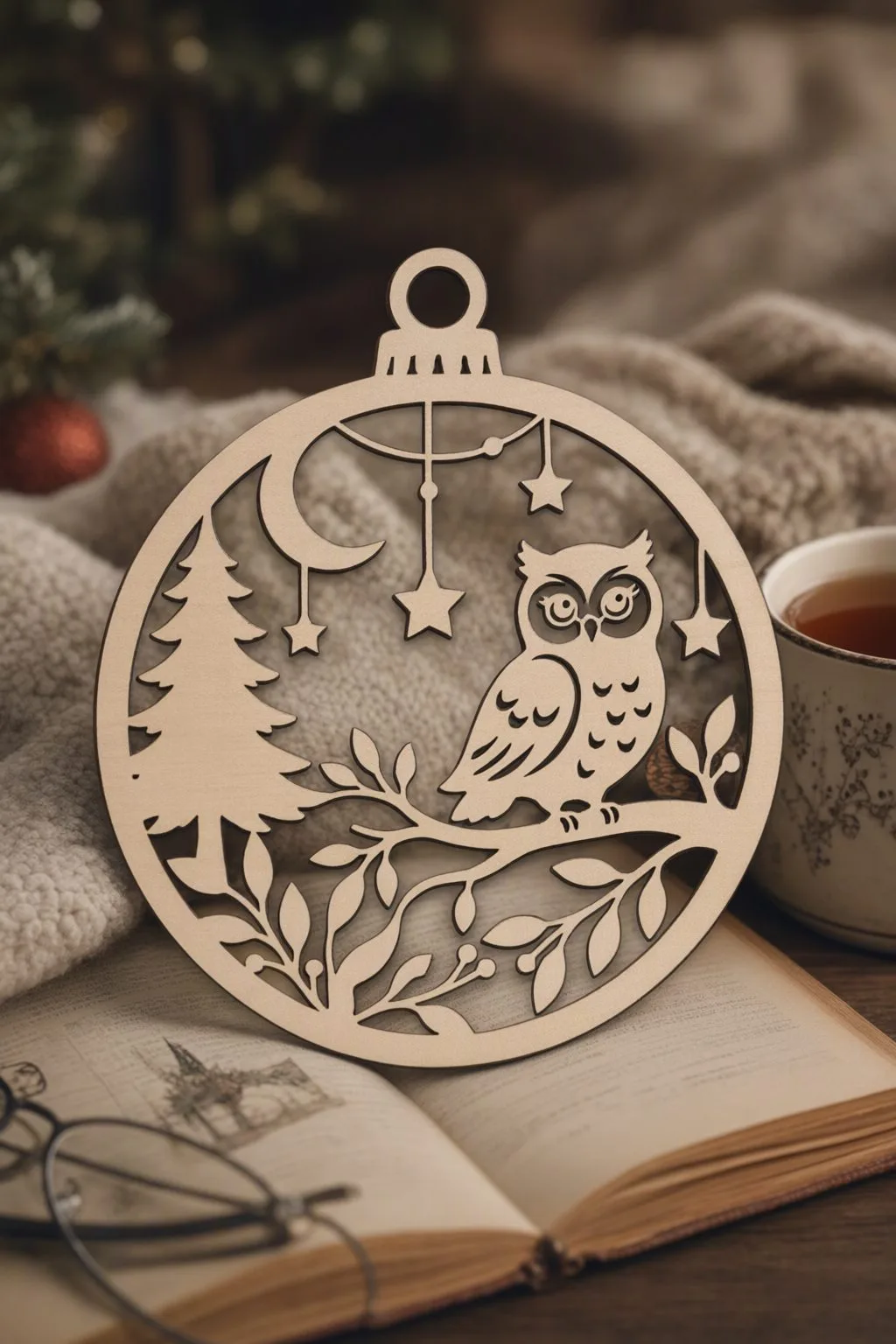 The laser cut owl ornament resting on an open storybook next to reading glasses, a knitted blanket and a cup of tea, free download link at svgdiy.com