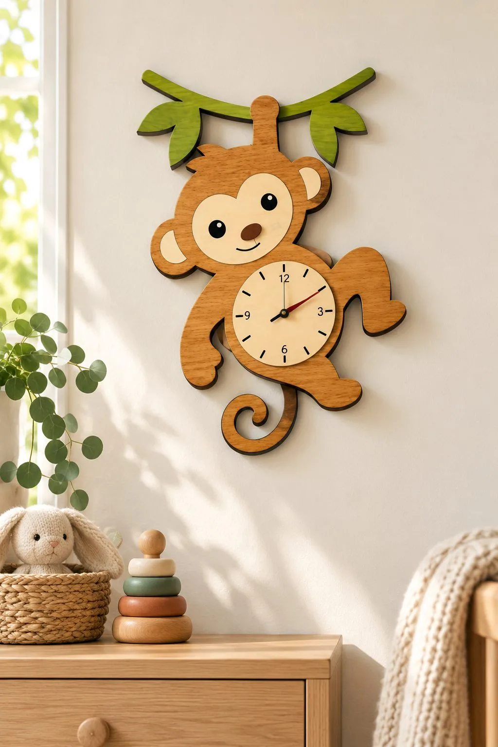A laser cut monkey wall clock hanging from a branch, free laser cut SVG from svgdiy.com