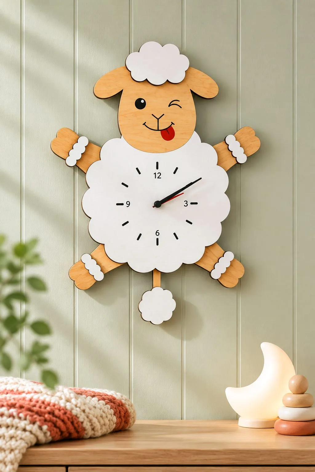 A laser cut sheep wall clock with a swinging pendulum, free laser cut SVG from svgdiy.com
