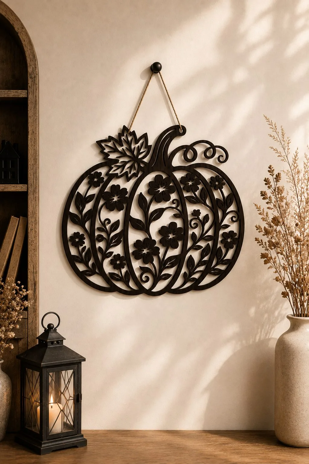 Dark wooden pumpkin wall sign filled with cut flowers, leaves and curling vines, pumpkin laser cut SVG from svgdiy.com
