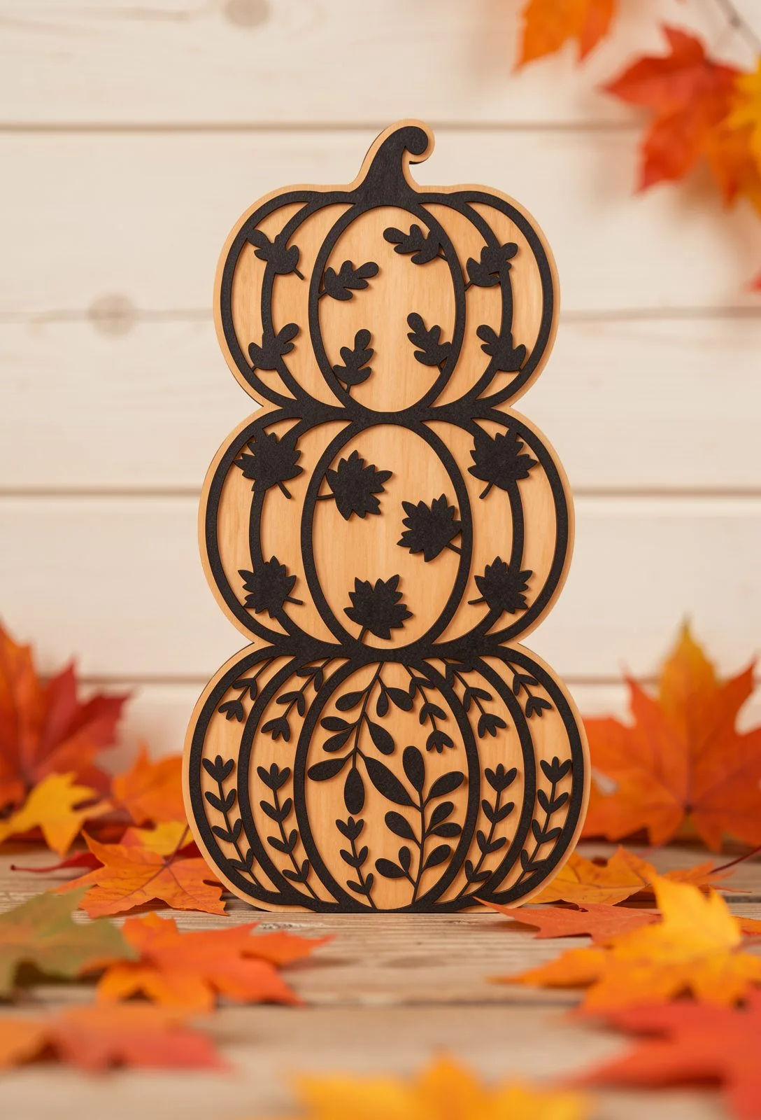 Wooden pumpkin stack with oak leaves and vines cut in a dark overlay, pumpkin laser cut SVG from svgdiy.com