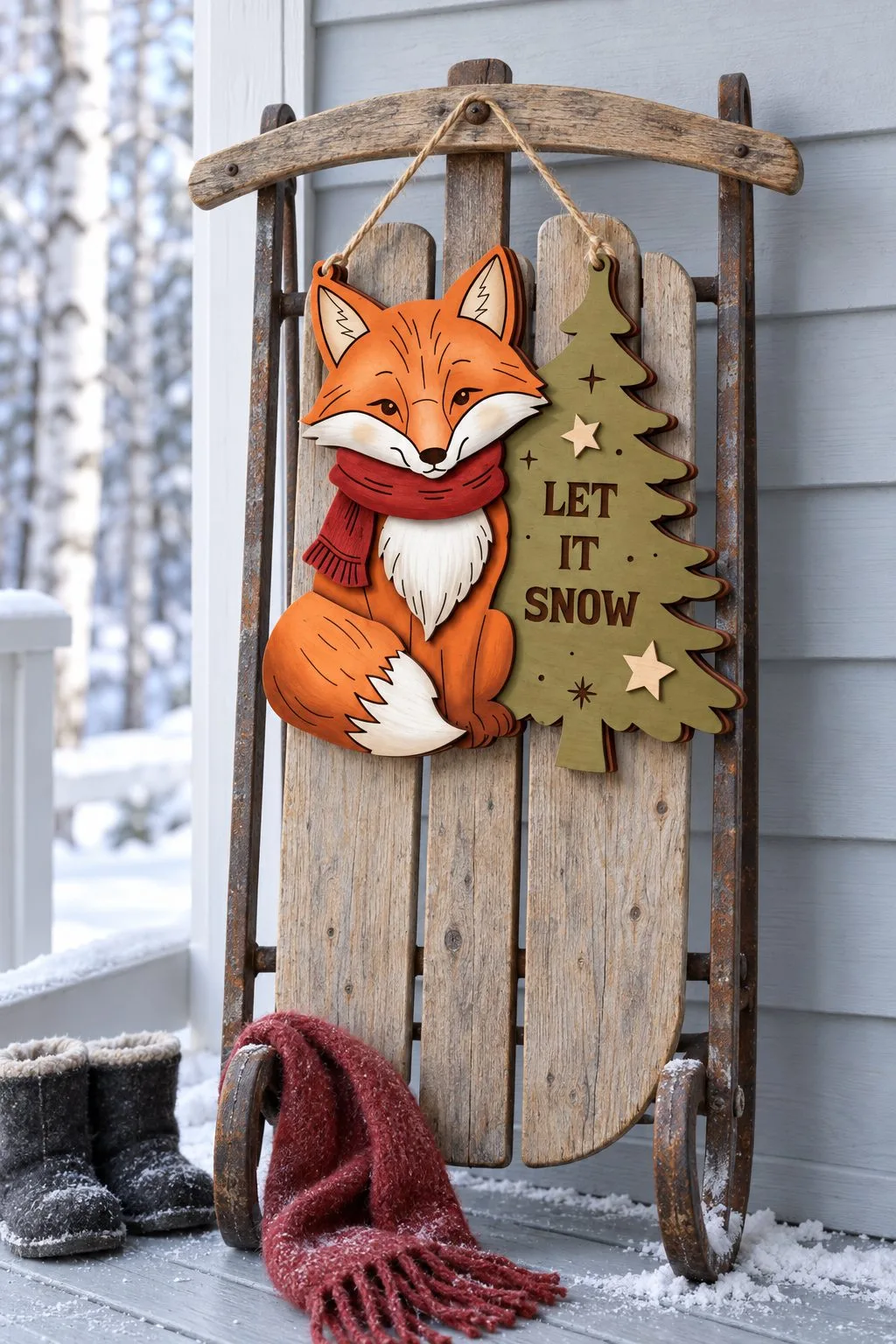 A laser cut fox with a Let It Snow tree door hanger on an old wooden sled, free laser cut SVG from svgdiy.com