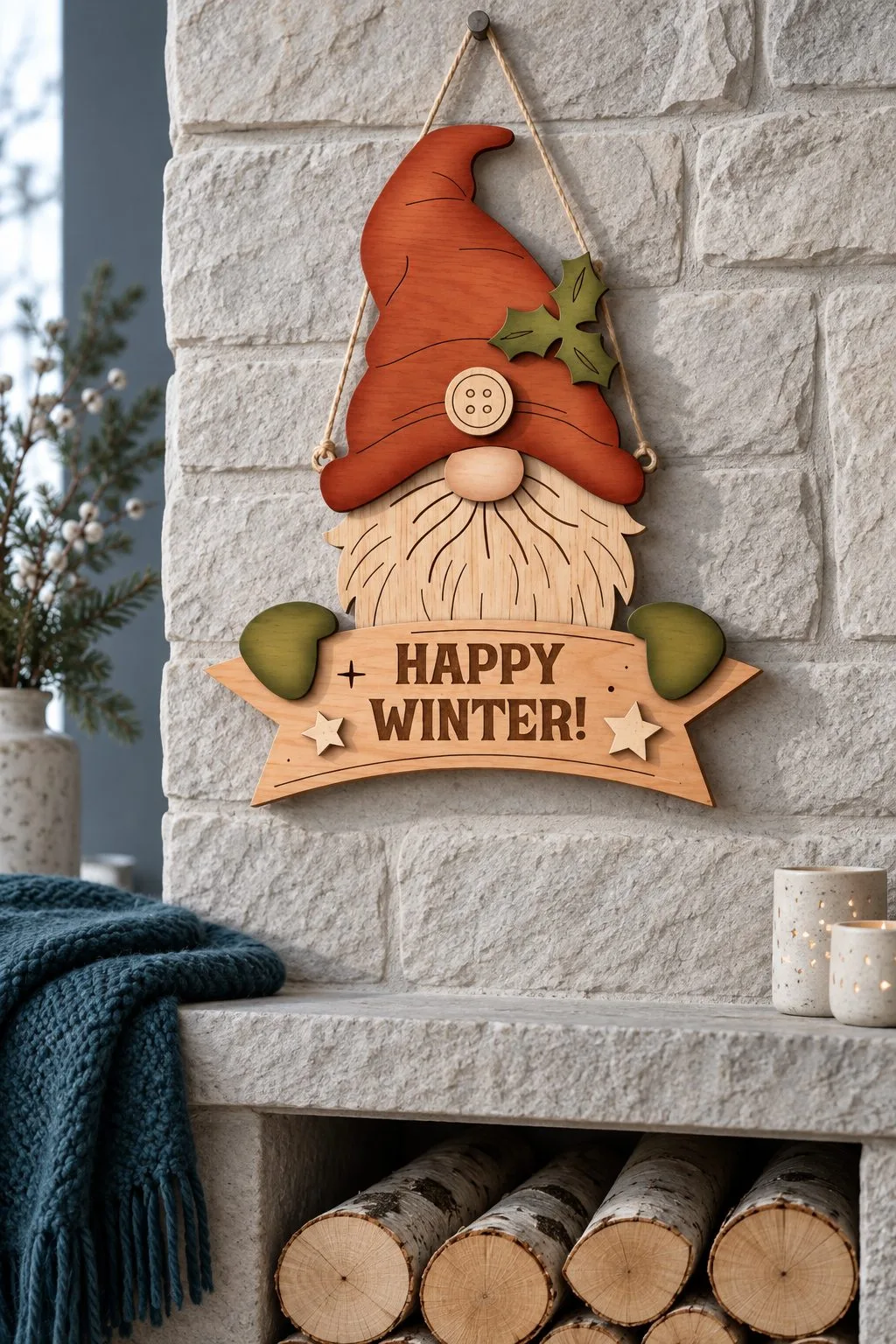 A laser cut gnome door hanger with Happy Winter on a stone wall, free laser cut SVG from svgdiy.com