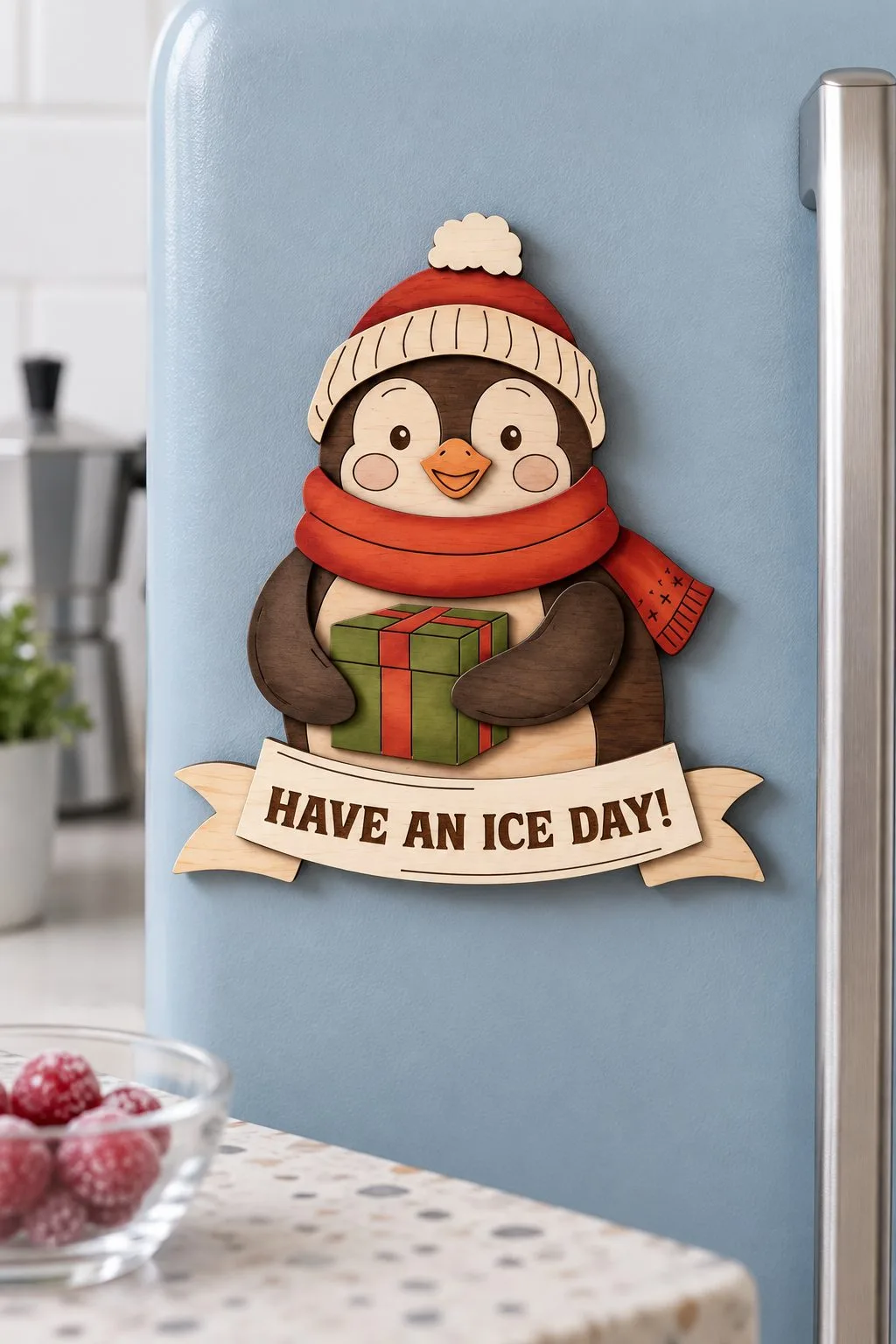 A laser cut penguin holding a present with Have an Ice Day, on a fridge door, free laser cut SVG from svgdiy.com