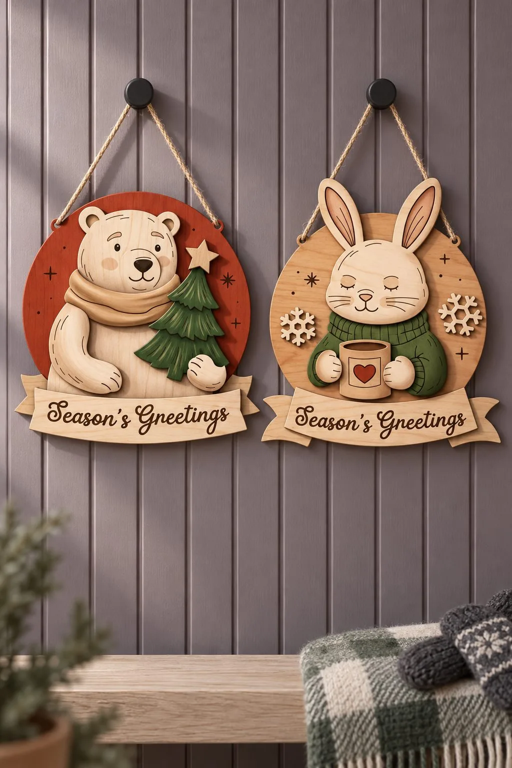 Two laser cut round door hangers with a bear and a bunny and Season's Greetings, free laser cut SVG from svgdiy.com