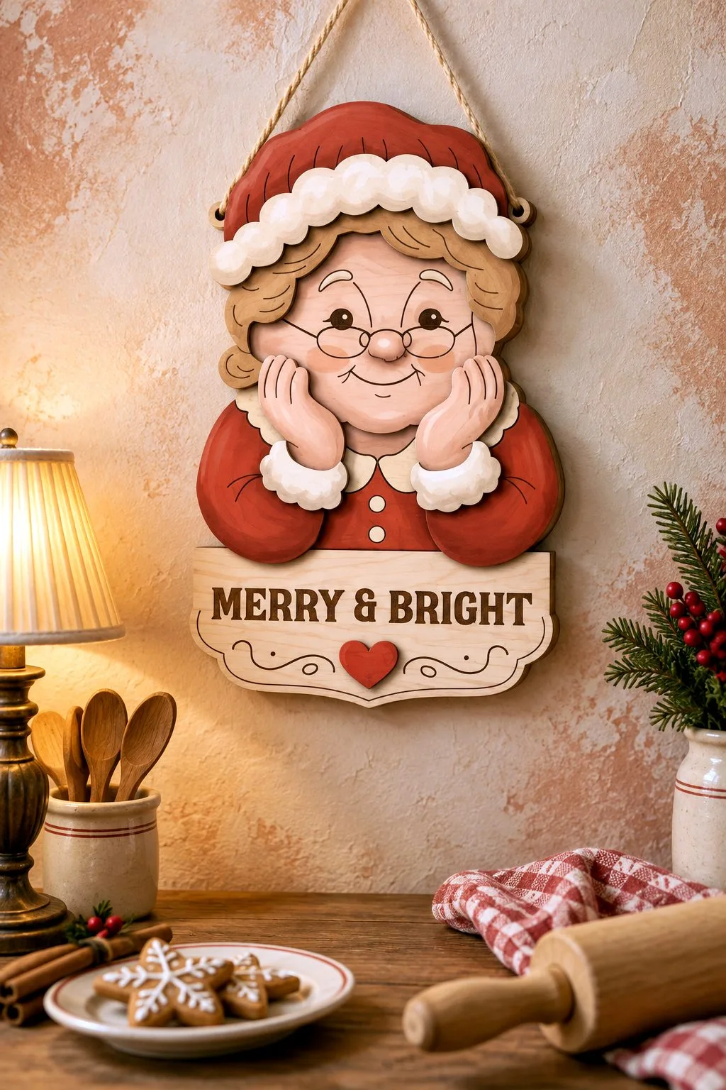 A laser cut Mrs Claus door hanger with Merry and Bright in a kitchen, free laser cut SVG from svgdiy.com