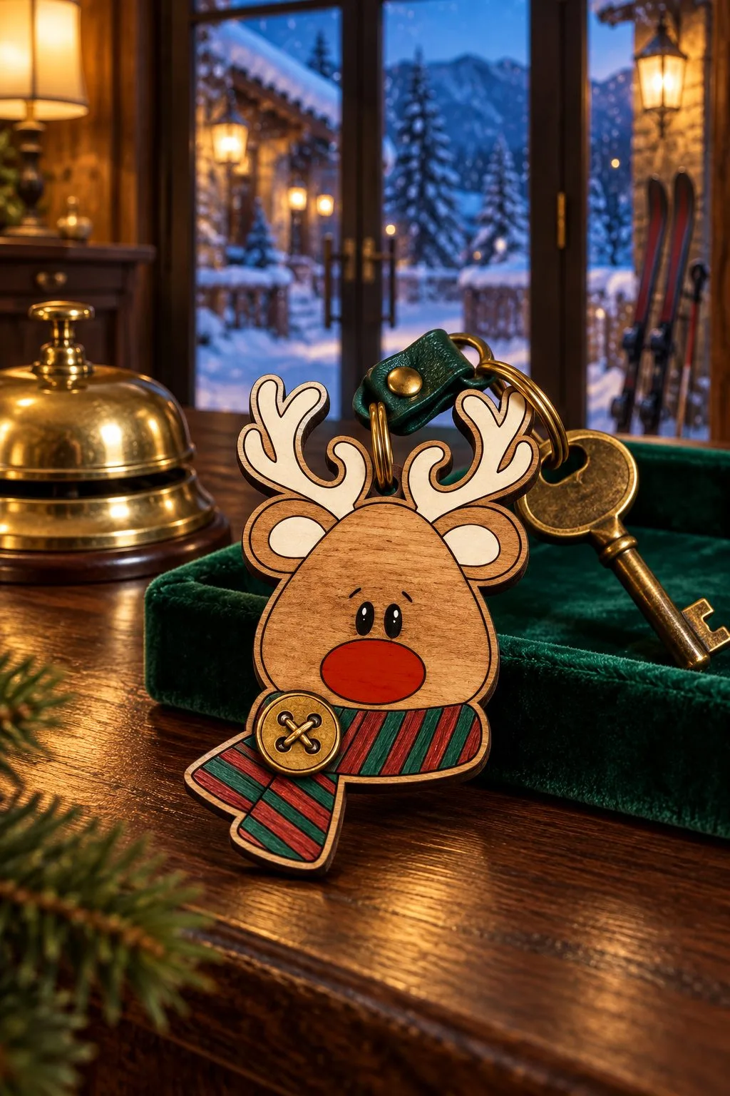 The Rudolph head cut from wood with a red and green striped scarf, used as a keychain with an old brass key on a hotel reception desk next to a bell, free download link at svgdiy.com