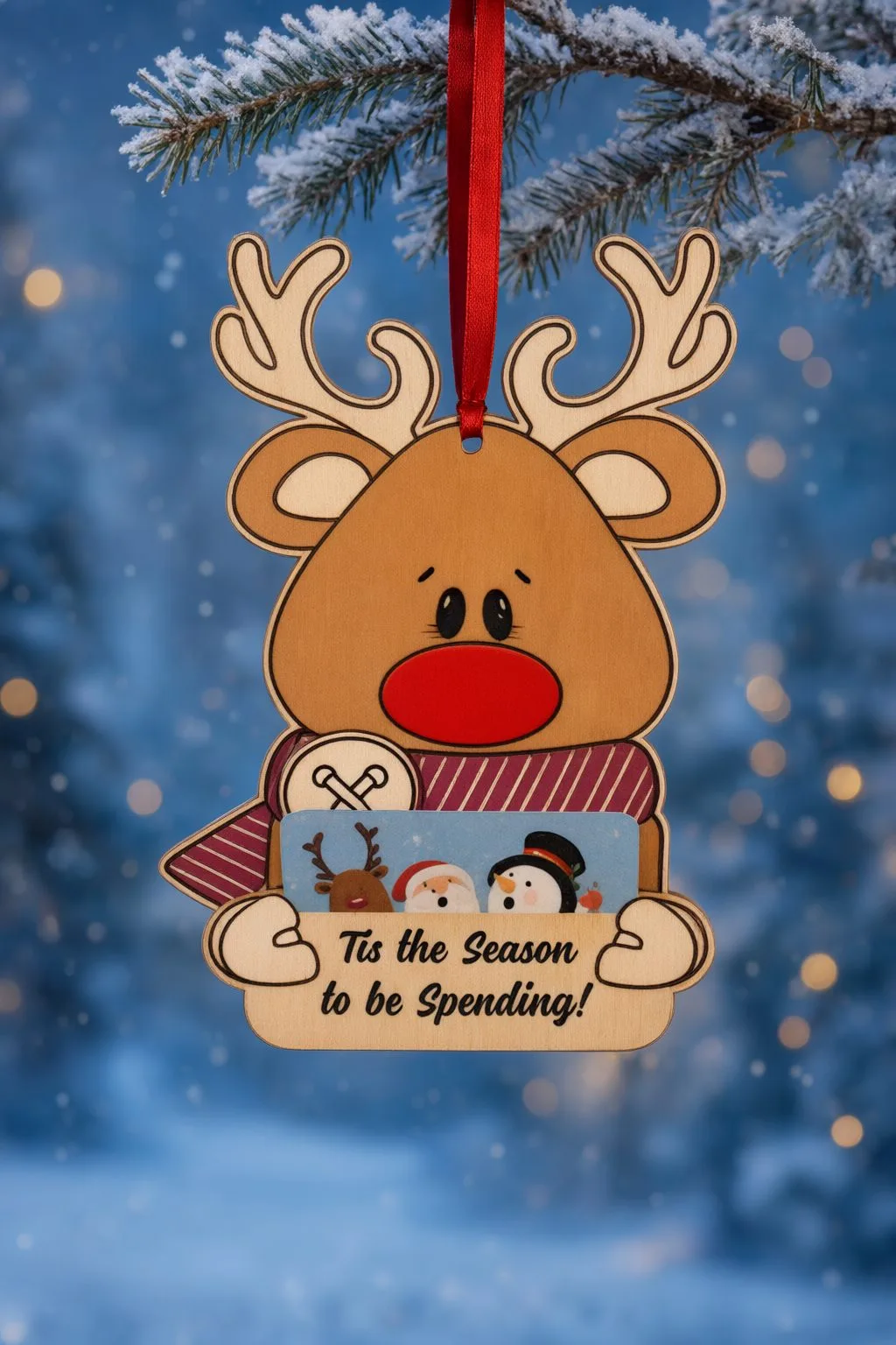 The Rudolph gift card holder ornament hanging on a red ribbon from a snowy fir branch, with a gift card tucked into the pocket, free download link at svgdiy.com