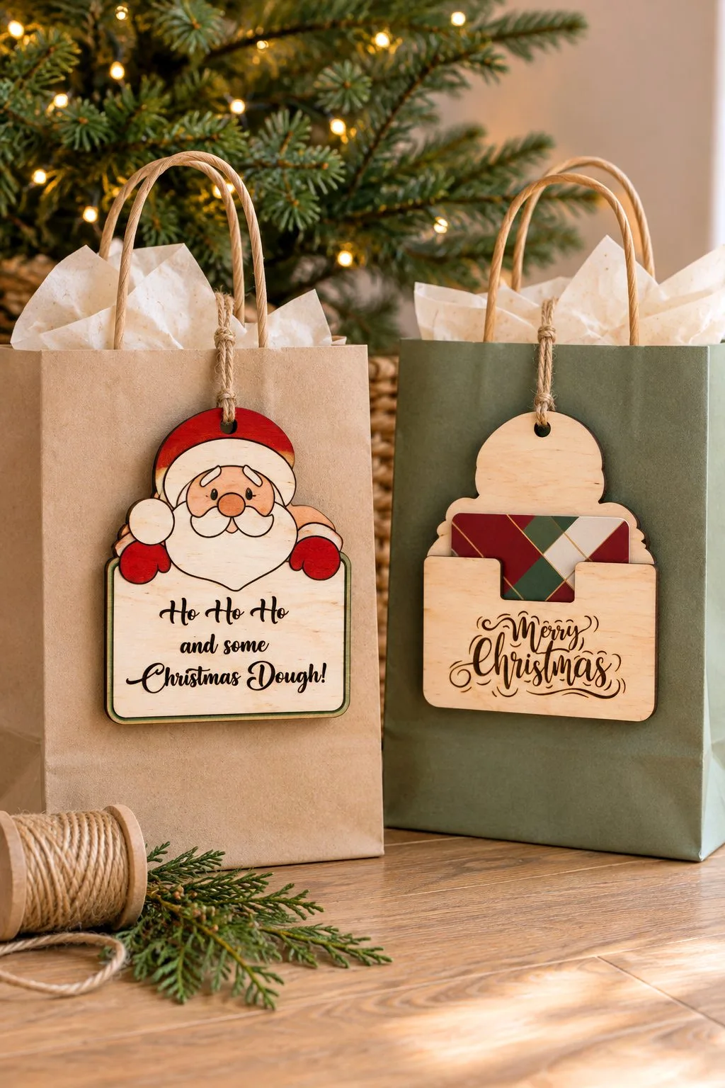 The Santa gift card ornaments tied to kraft gift bags, free laser cut SVG from svgdiy.com