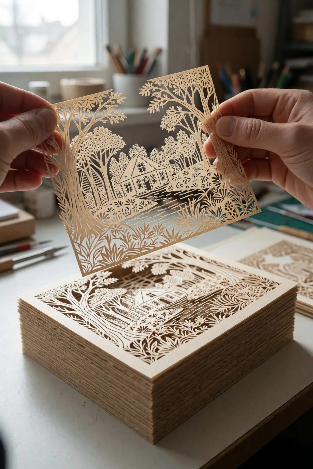 hands checking numbered layers of a shadow box template before cutting