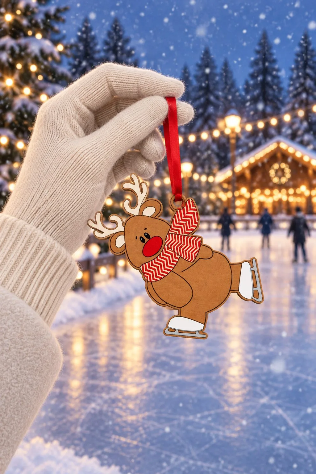 A hand in a cream knitted glove holding the skating Rudolph ornament on a red ribbon in front of an outdoor ice rink with string lights, free download link at svgdiy.com