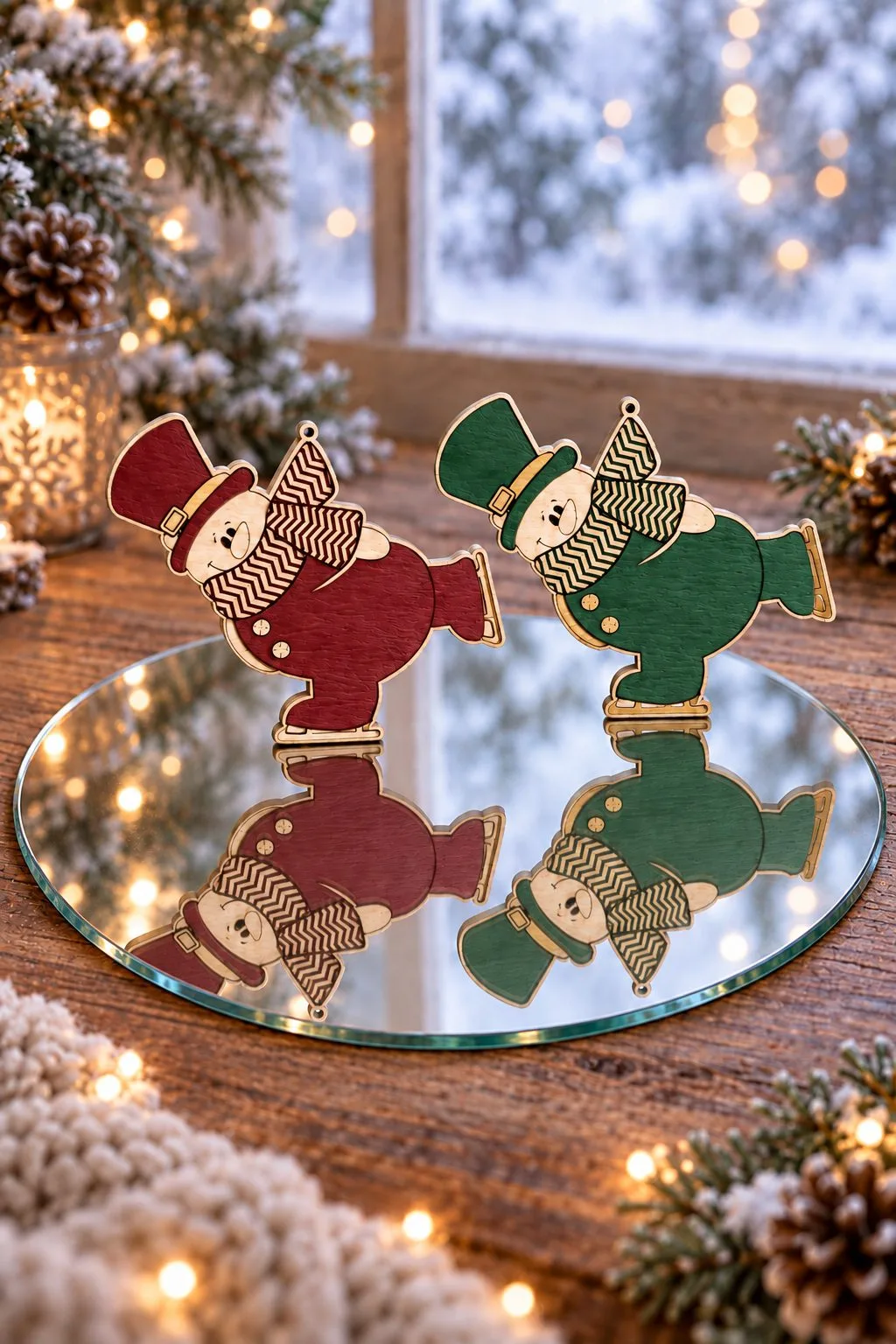 Two skating snowman ornaments, one red and one green, standing on a round mirror by a frosty window like skaters on a tiny rink, free download link at svgdiy.com