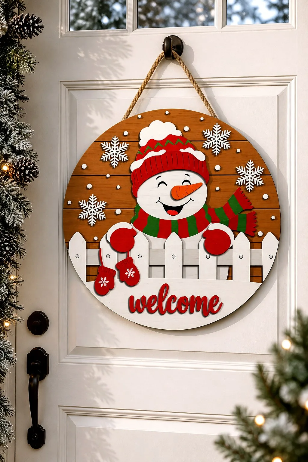 Smiling Snowman Welcome Sign With a Fence — SVG laser cut file