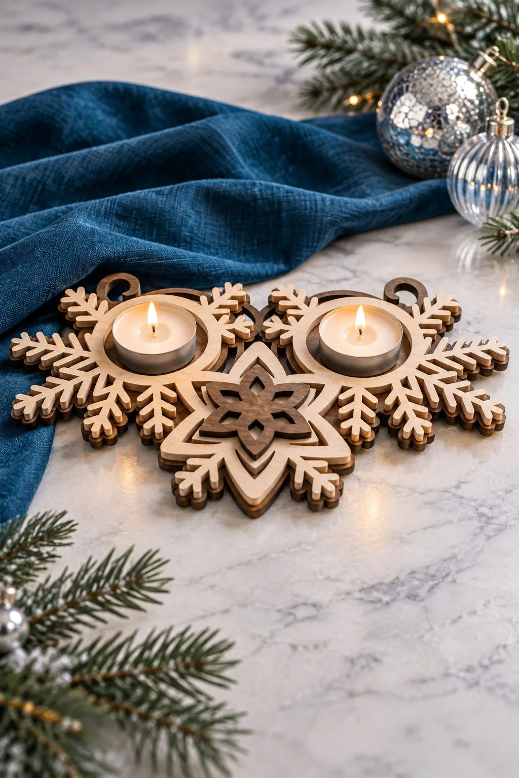 Snowflake and Floral Tealight Holder Pair — SVG laser cut file
