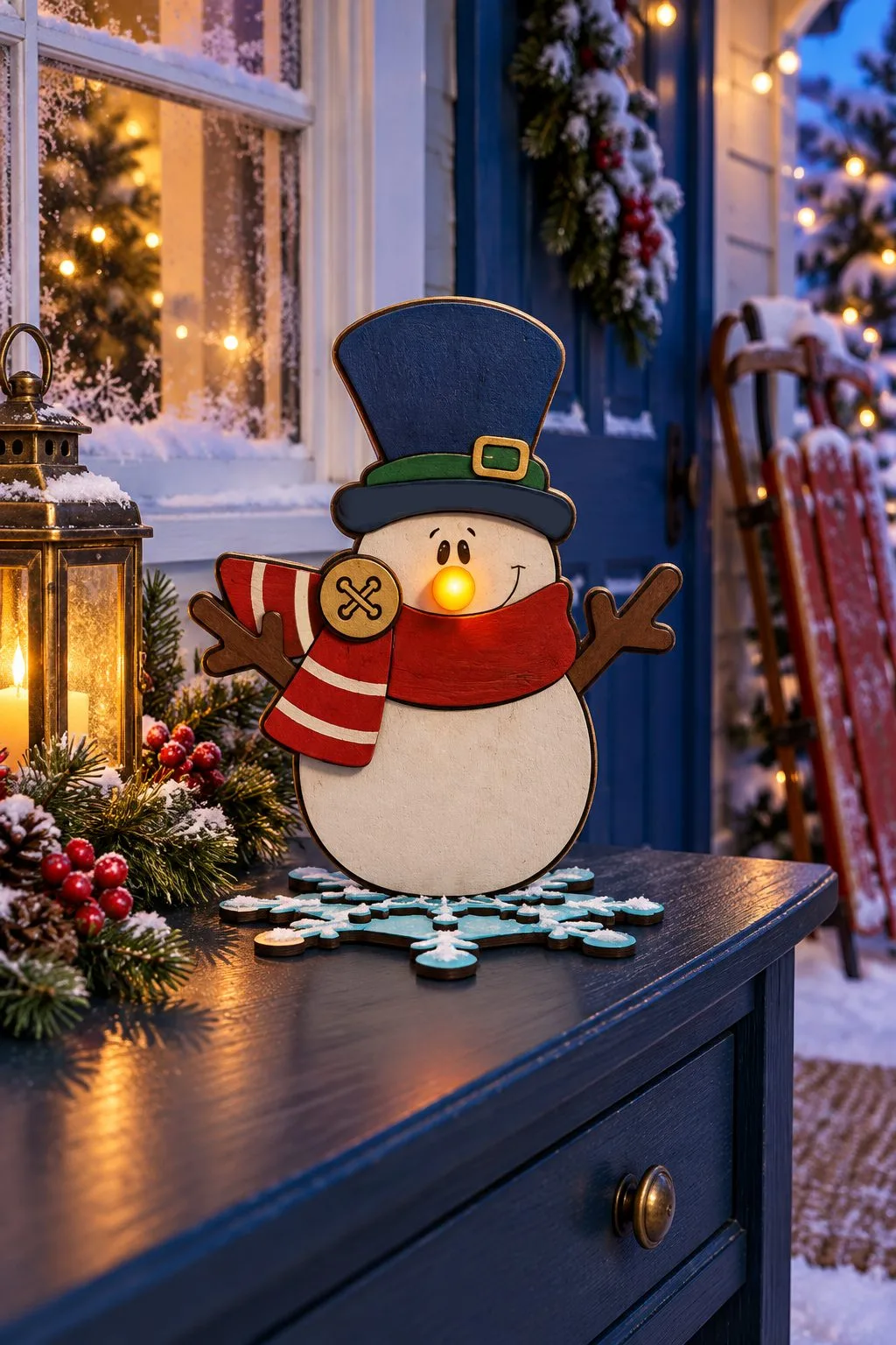 The colored snowman tea light with a blue top hat and a glowing orange nose on a snowflake stand, on a navy dresser by a front door with a lantern and a sled, free download link at svgdiy.com