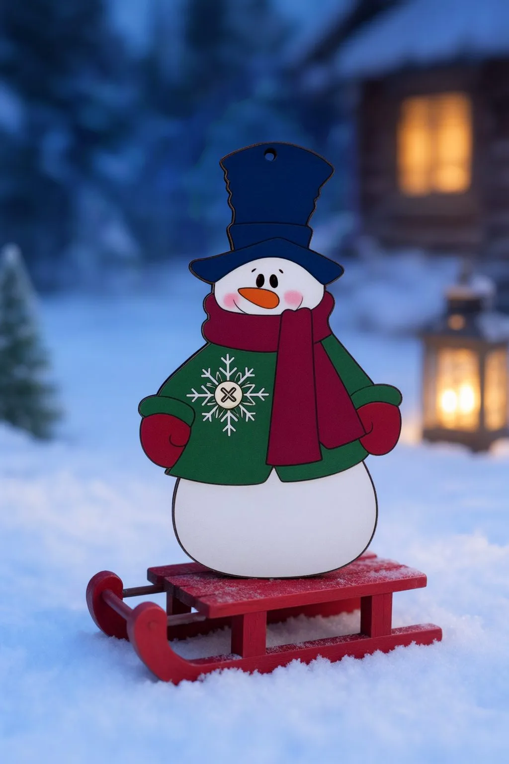 The snowman with snowflake button ornament standing on a small red sled in the snow in front of a cabin and a lantern, free download link at svgdiy.com
