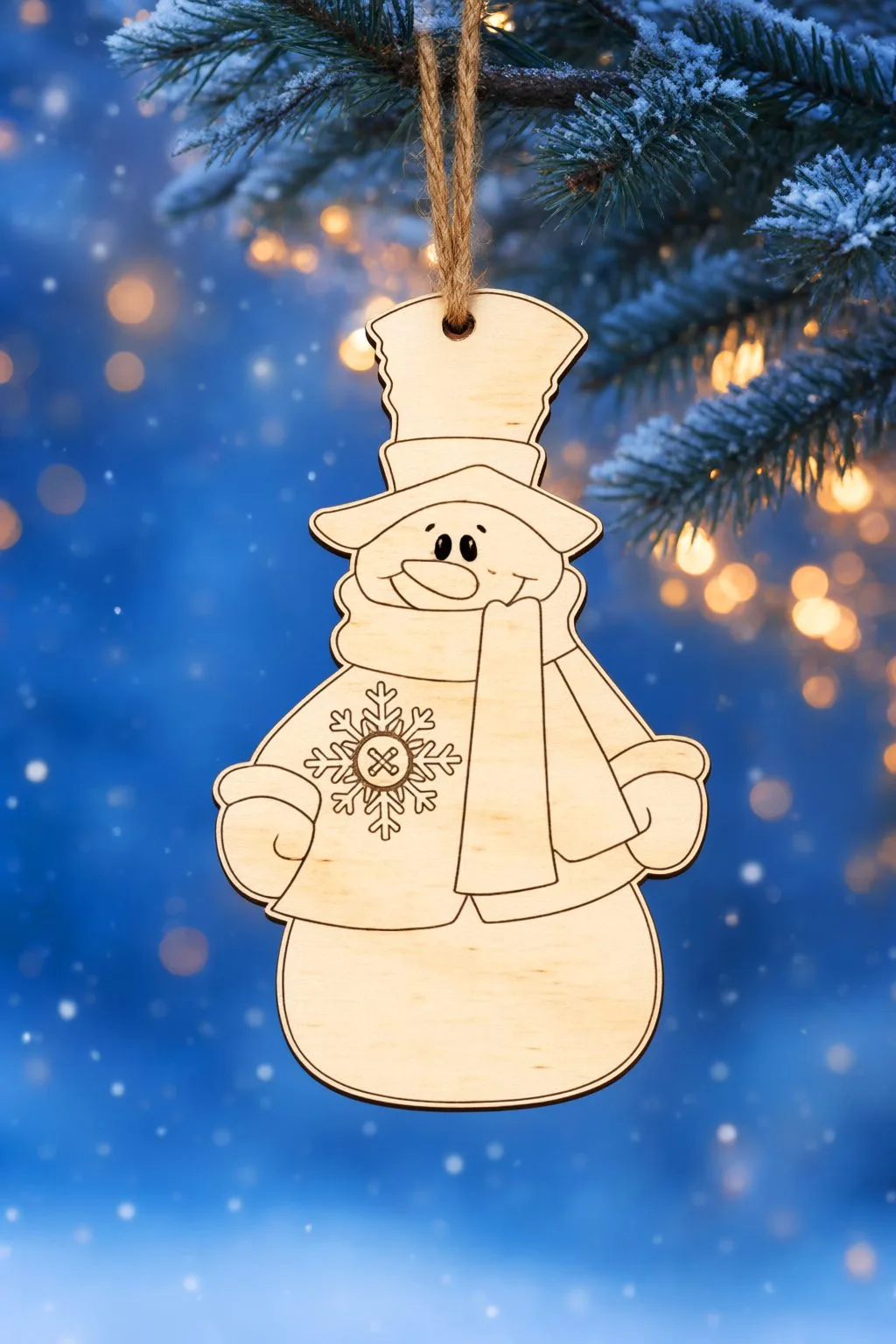 A natural plywood snowman ornament with engraved lines only, hanging on twine from a snowy fir branch against blue bokeh lights, free download link at svgdiy.com