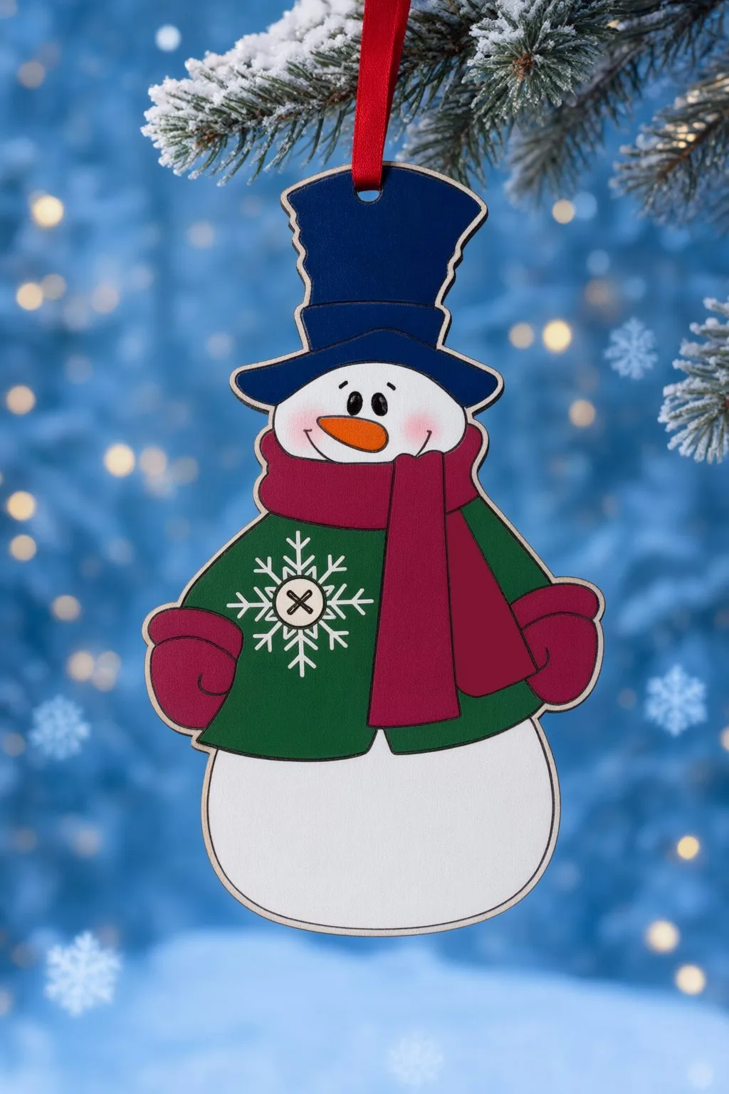 The colored snowman ornament with a snowflake button hanging on a red ribbon from a frosted fir branch, free download link at svgdiy.com