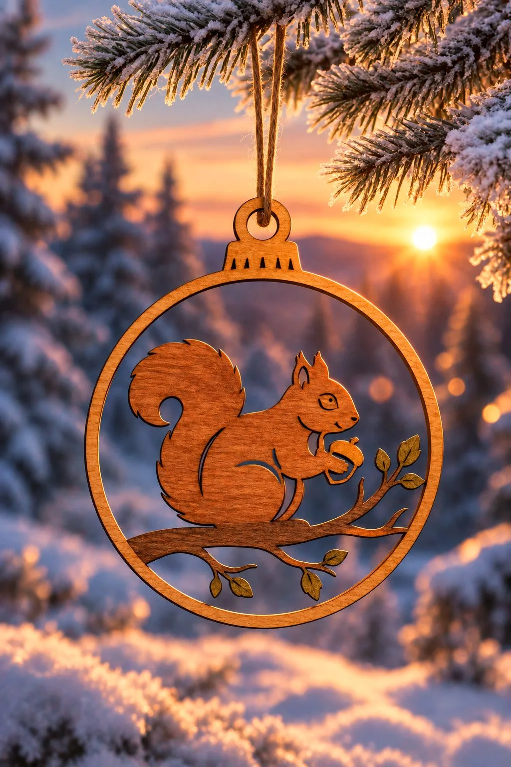 A painted version of the laser cut squirrel ornament hanging from a fir branch against a golden winter sunset, free download link at svgdiy.com