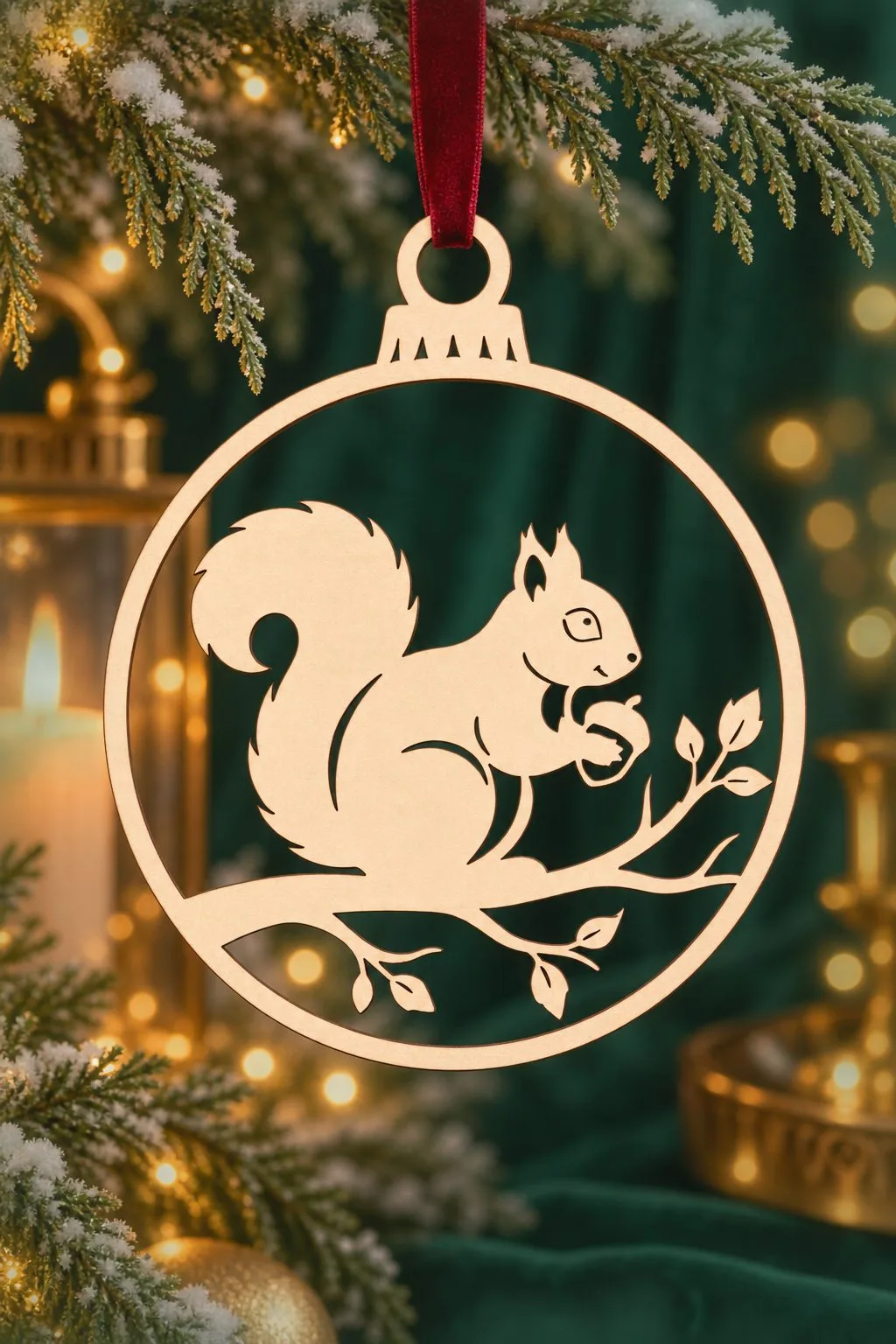 The natural plywood squirrel ornament hanging among Christmas lights in front of dark green velvet, free download link at svgdiy.com