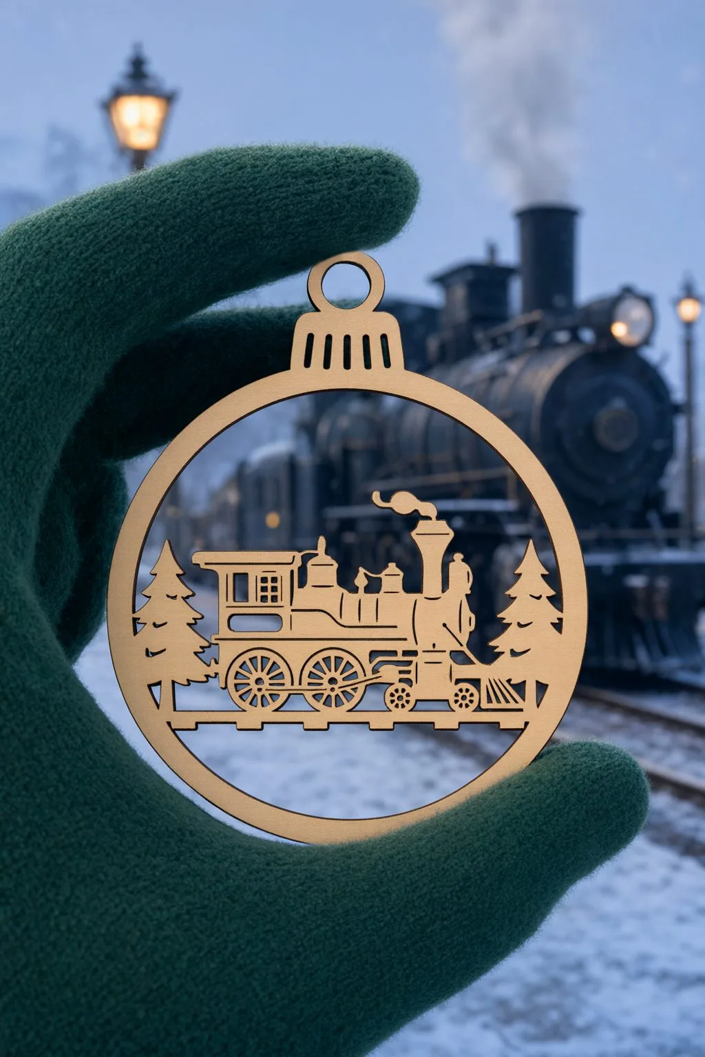 A hand in a green knitted glove holding the laser cut steam train ornament on a snowy railway platform with a real locomotive behind, free download link at svgdiy.com