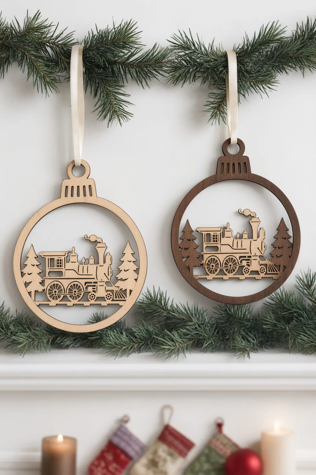 Two laser cut steam train ornaments, one natural plywood and one dark walnut, hanging on a fir garland above a white fireplace, free download link at svgdiy.com