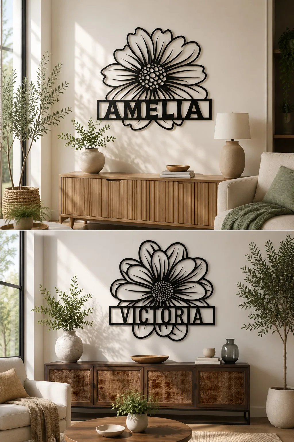 Two black metal-look wall signs, each with a single flower and a name cut into a bar across the petals: AMELIA and VICTORIA