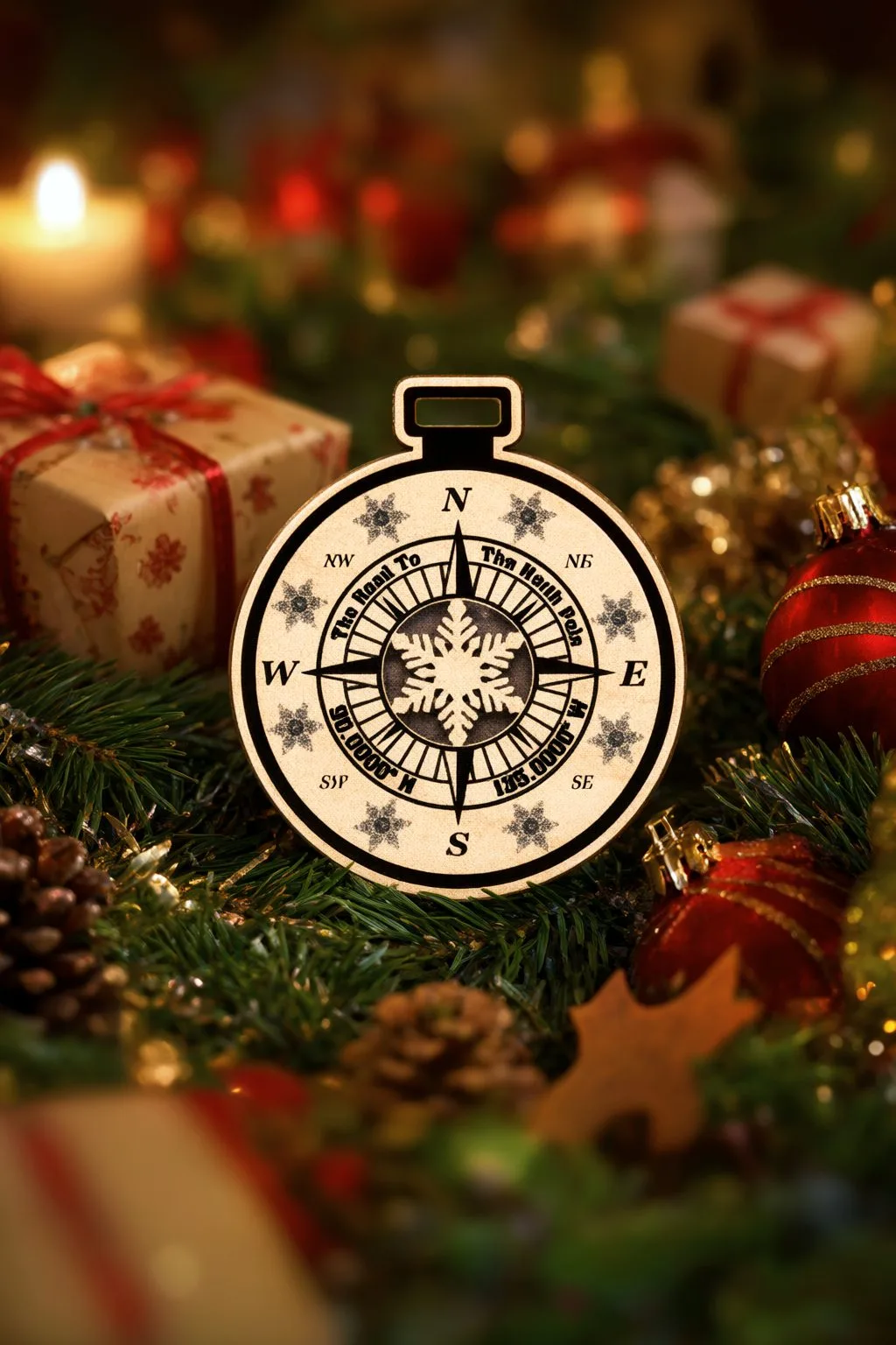 The Road to the North Pole compass ornament among Christmas greenery, pine cones and gifts, free download link at svgdiy.com