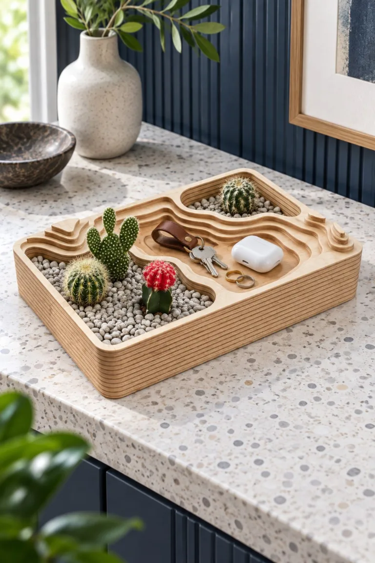The topographic tray with small cacti and earbuds on a kitchen counter, free laser cut SVG from svgdiy.com