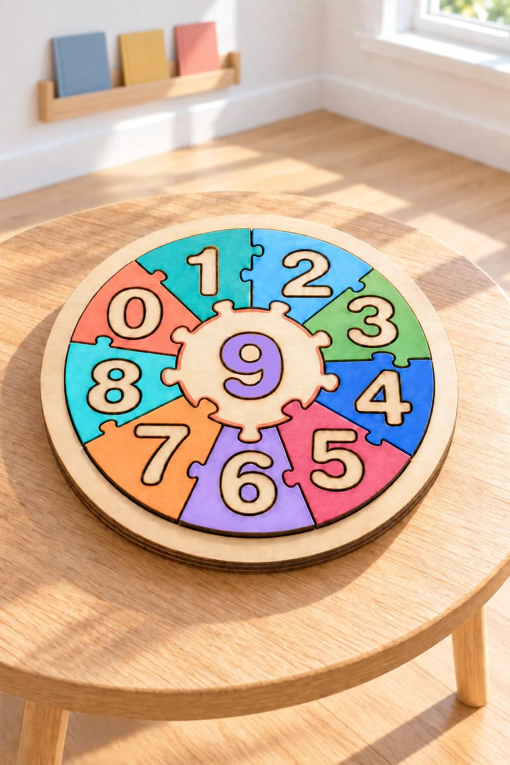 A round laser cut number puzzle with pieces 0 to 9 around a centre gear, free laser cut SVG from svgdiy.com