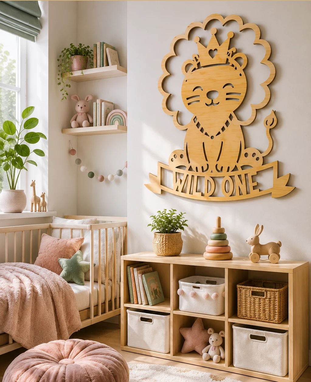 Wooden lion wall sign with a crown and a WILD ONE banner above a nursery cot, laser cut SVG from svgdiy.com