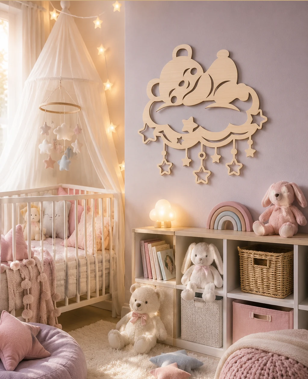Wooden sleeping bear on a cloud with hanging stars on a nursery wall, laser cut SVG from svgdiy.com