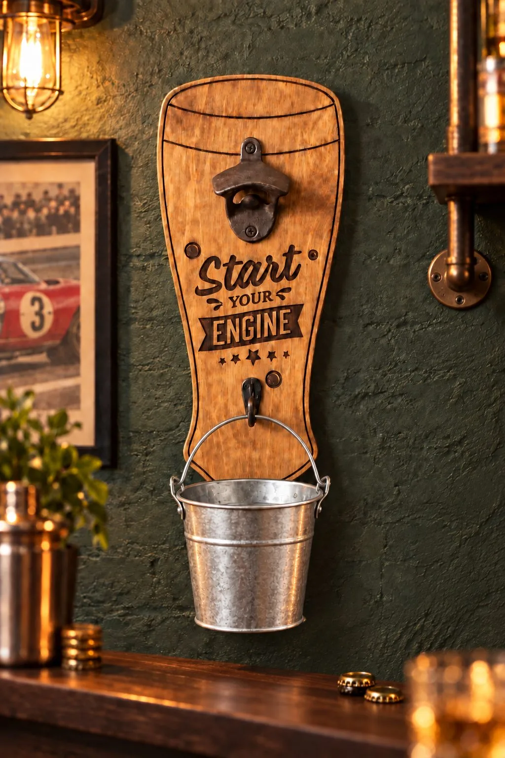 Laser cut wall bottle opener shaped like a beer glass engraved Start your engine, with a metal opener and a bucket for caps, on a garage style wall with a race car picture, free download link at svgdiy.com