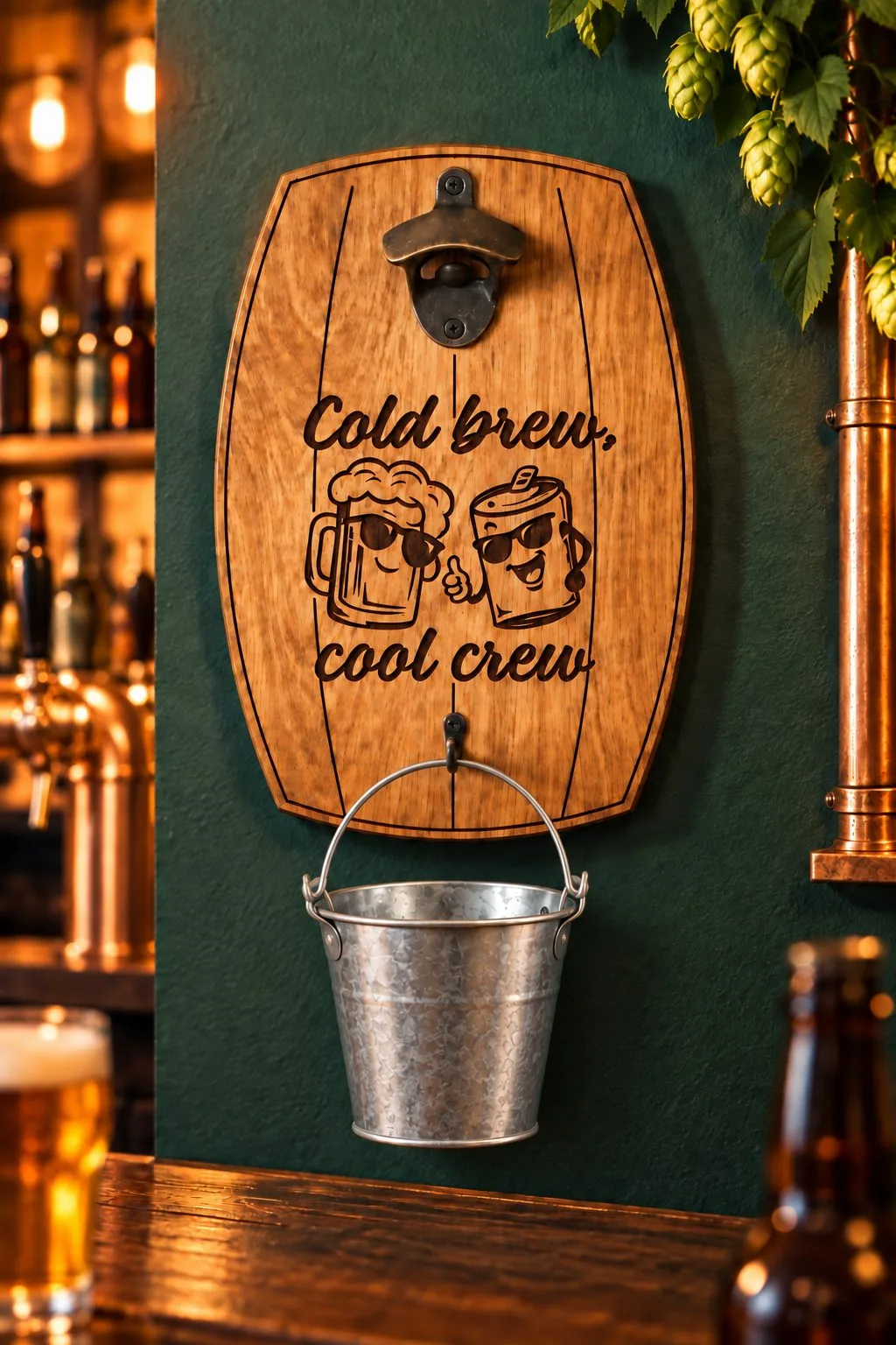 Laser cut barrel shaped wall bottle opener engraved Cold brew, cool crew with two smiling beer mugs, a metal opener and a bucket for caps, on a green wall, free download link at svgdiy.com