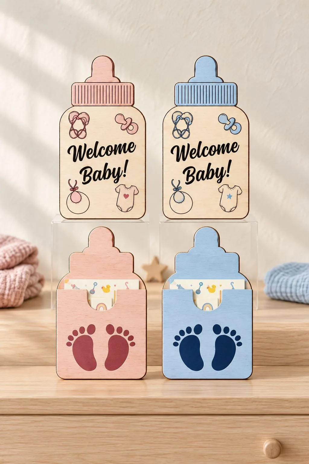 Welcome Baby Bottle Gift Card Holder — another view, SVG laser cut file
