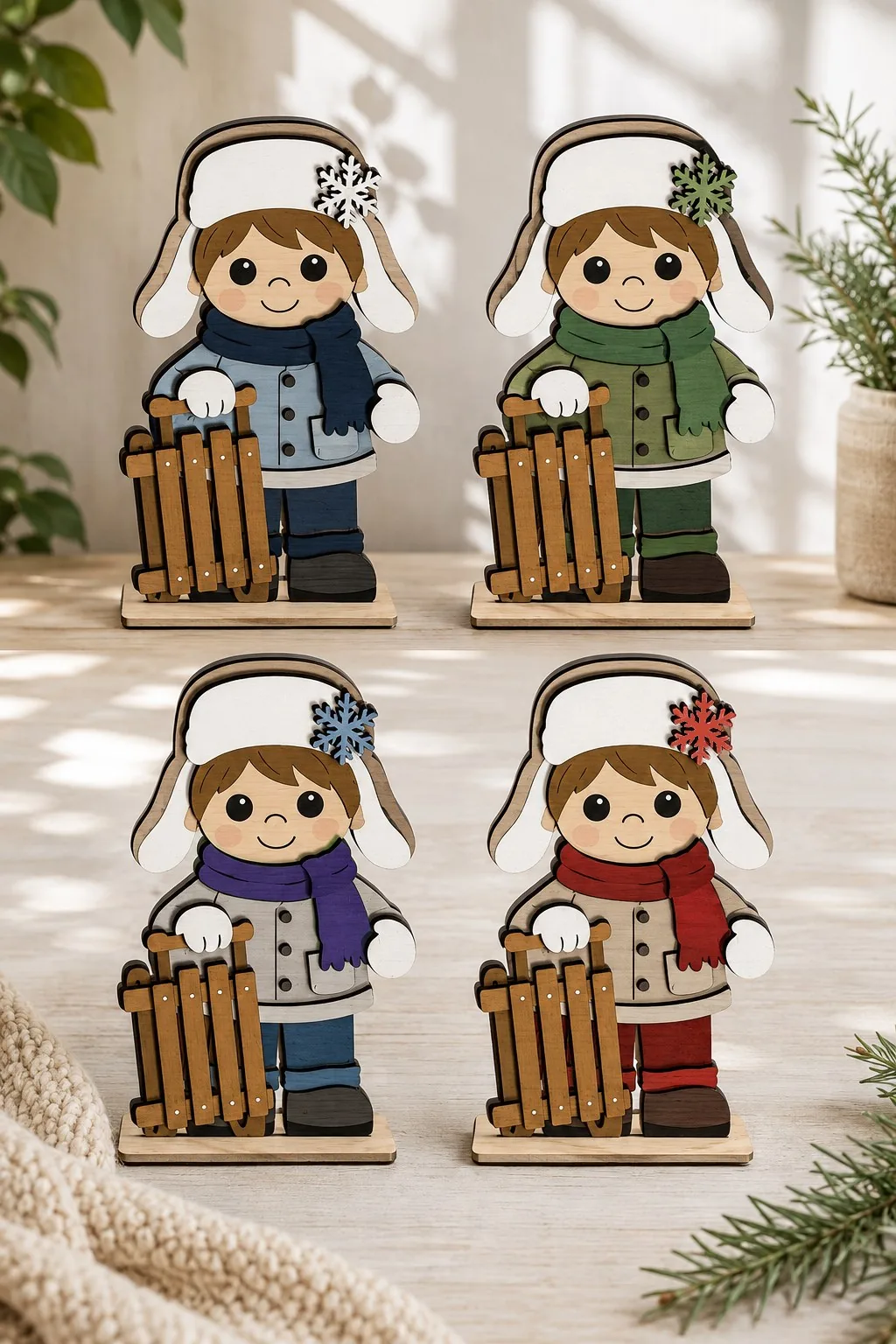 The same wooden winter boy with a sled in four colourways, blue, green, purple and red, each on its own base, free laser cut SVG from svgdiy.com